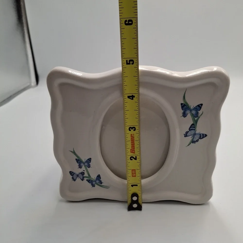 FTD Ceramic Butterfly Picture Frame Planter White Blue Floral Oval Opening Vtg